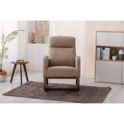 Okak Modern Rocking Accent Chair Armchair with Side Pocket and Wood Legs Comfy High Backrest Glider Chair for Bedroom Lounge Nursery, Camel