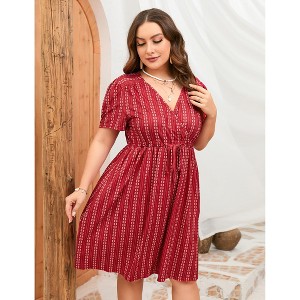 Women's Plus Size Floral Summer Dresses for Women V Neck High Waist Dress A Line Midi Short Sleeve Dress - 1 of 4