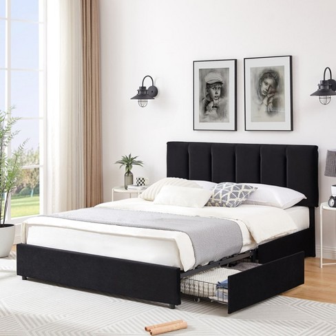 Vecelo Queen Size Upholstered Bed Frame With 4 Storage Drawers And ...