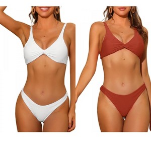 INSPIRE CHIC Women's Twist Cross Knot Solid Adjustable Straps Self Tie Back Swimsuits Bikini 2 Set - 1 of 4