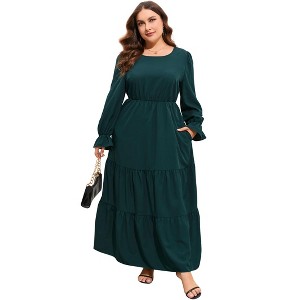 Plus Size Casual Dress for Women Long Sleeve Round Neck Dress Double Layer Hem Comfortable Maxi Dress with Pockets - 1 of 4