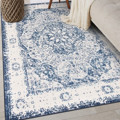 Bohemian Distressed Medallion 5' x 7' Blue Synthetic Area Rug