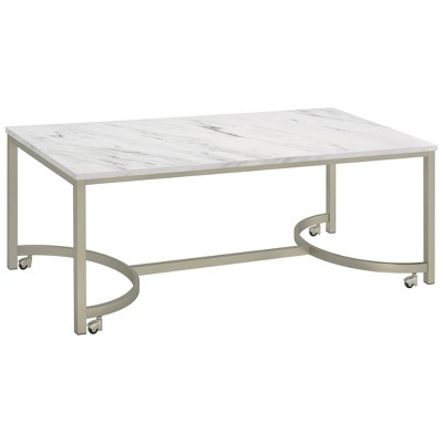 Contemporary Mobile Rectangular Coffee Table in Faux Marble and Satin Nickel