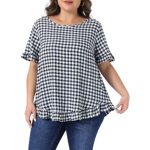 Women's Plus Size Gingham 1950s Vintage Back Button Crew Neck Ruffle Sleeve Hem Casual Plaid Blouses - Agnes Orinda - 1 of 4