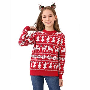 Family Christmas Sweater Reindeer Snowflake Pattern Crew Neck Holiday Pullover Knitwear - 1 of 4
