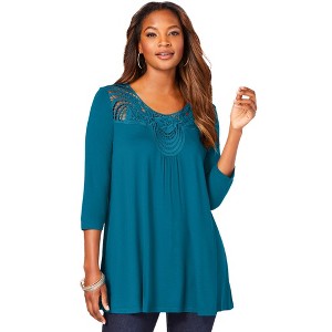 Roaman's Women's Plus Size Lace Embellished Swing Ultra Femme Top - 1 of 4