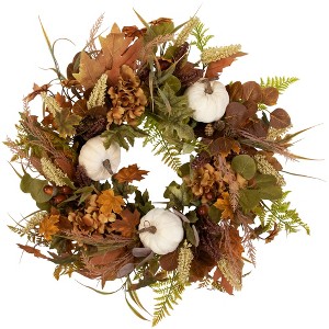 Northlight Pumpkins and Leaves Artificial Fall Harvest Wreath - 26" - Unlit - 1 of 4
