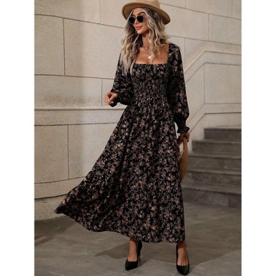 Women's Dress Square Neck Smocked Floral Print Long Sleeve Midi Dress