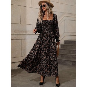 Women's Dress Square Neck Smocked Floral Print Long Sleeve Midi Dress - 1 of 4