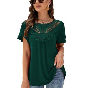Summer Blouse For Women Lace Petal Sleeve Tops Short Sleeve Pleated Shirt Loose A Line Tshirts - 1 of 4