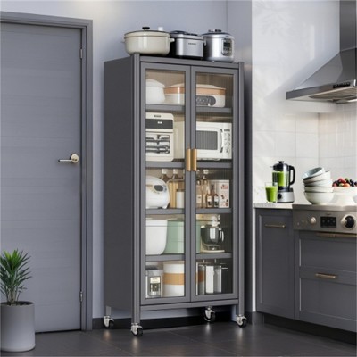SKRAN 65" Kitchen Pantry Storage Cabinet, 6 Tier Display Storage Cabinet with Door, Adjustable Shelves & Wheels for Living Room and Dining Room