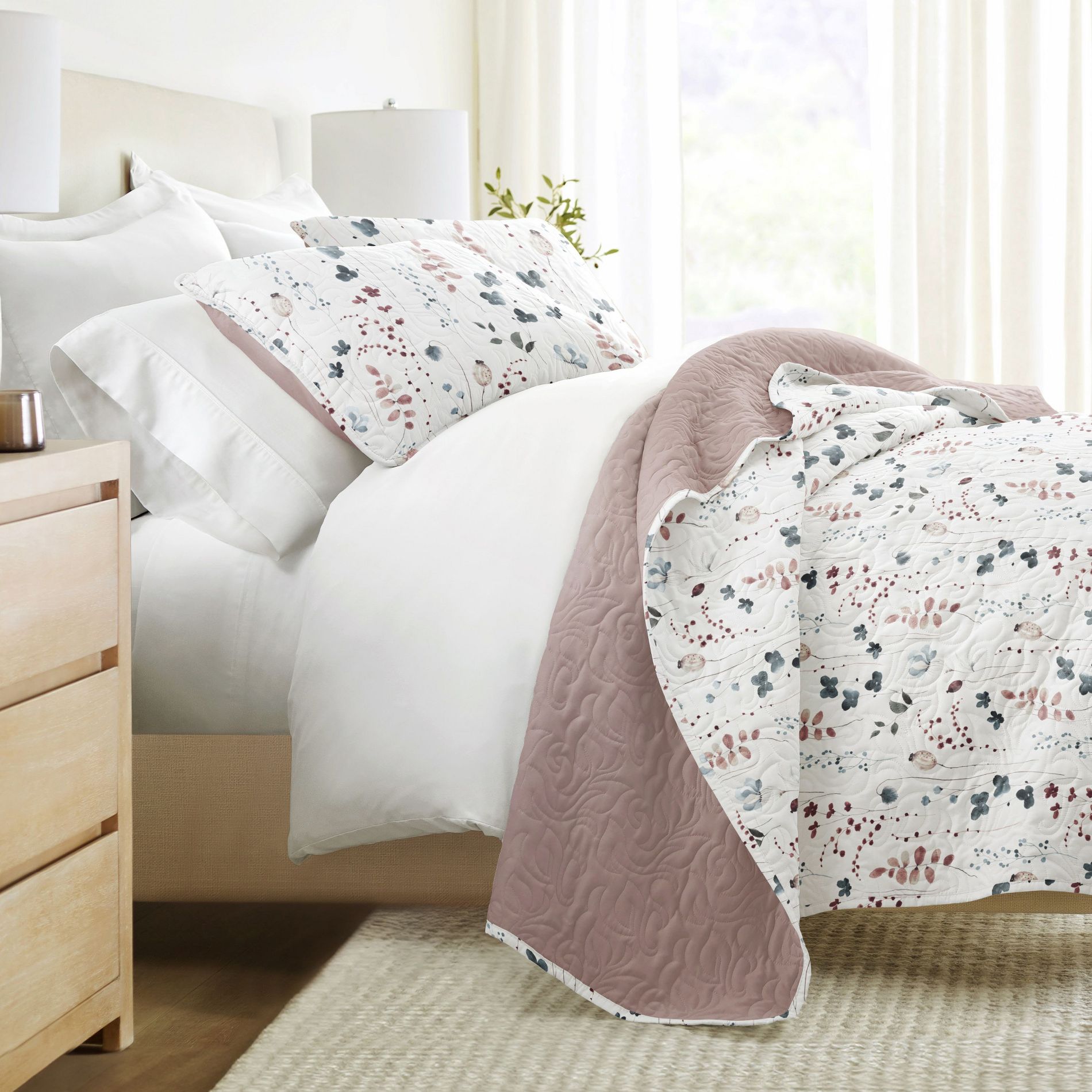 Lightweight All Season Bedding – Super Soft Quilted Coverlet in Poppy Bloom Pattern - Becky Cameron