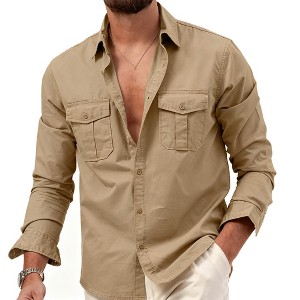 Men's Multi-Pocket Long Sleeve Shirt Jacket - Casual Button Down Collar Overshirt for Outdoor & Daily Layering - 1 of 4