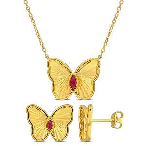 EVERLY JEWELRY | Yellow Plated Sterling Silver 1/2ct TGW Created Ruby Butterfly Earrings and Necklace Set  - 17 in - 1 of 4