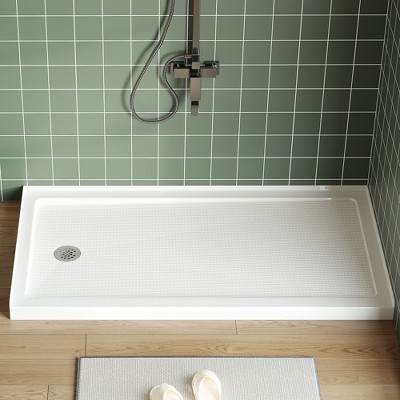 60"x32" Left Drain Shower Pan, Single Threshold Base, Non-Slip Textured Surface, Lightweight ABS Shower Base, Easy Install, Includes Drain Kit