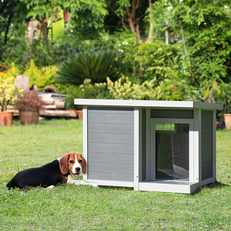PawHut Dog House Outdoor, Cabin Style Pet Home Cottage, Weather Resistant, with Raised Feet, Terrace, Openable Top, for Medium Sized Dog, 3 of 7