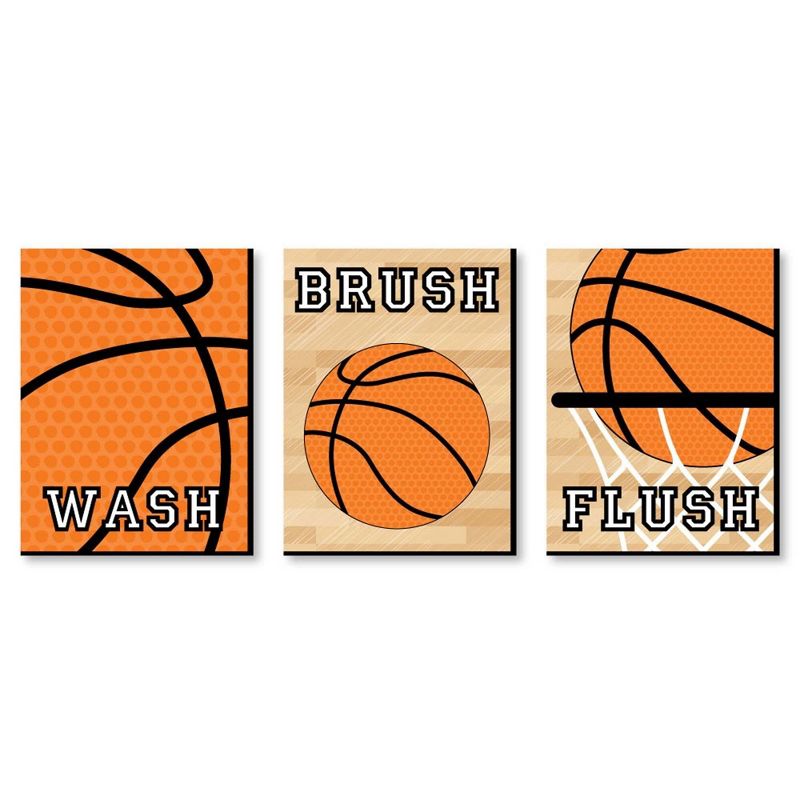 Big Dot of Happiness Nothin' but Net - Basketball - Kids Bathroom Rules Wall Art - 7.5 x 10 inches - Set of 3 Signs - Wash, Brush, Flush, 1 of 9
