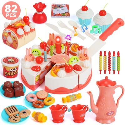 Skirfy 82 PCS Birthday Cake Toys Set, Pretend Play Tea Party Dessert Set with Light & Cutting Food Chocolate, Fruit Decor, Candle, Pink