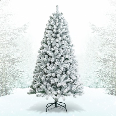 Tangkula 6'Hinged Artificial Christmas Tree Unlit w/ Metal Stand Premium Snow Flocked