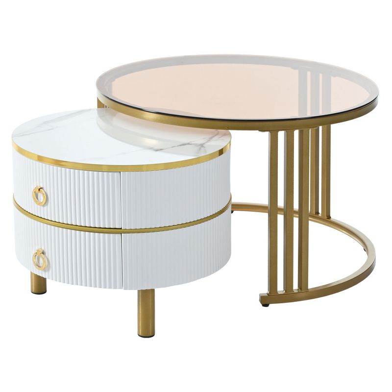 2-Piece Set Stackable Coffee Table with 2 Drawers, Nesting Tables with Tempered Glass and High Gloss Marble Tabletop 4A - ModernLuxe, 5 of 14