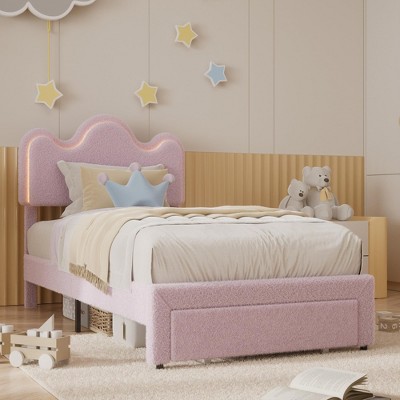 Homhougo Twin Bed Frames Lamb Velvet Twin Beds Cute Platform Bed Frame for Girls, Boys,Sturdy Platform Bed Pink