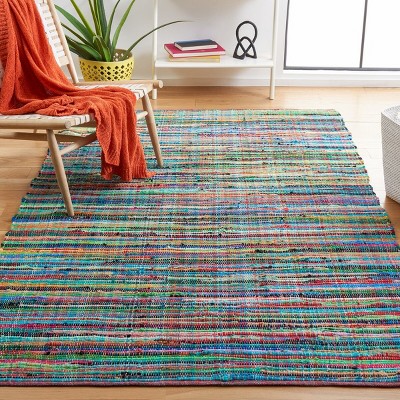 Green and Multicolor Handwoven Cotton Wool Striped Area Rug, 5' x 8'