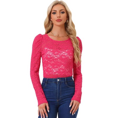 Allegra K Women's Vintage Semi-Sheer Puff Long Sleeve Embroidery Lace  Floral Blouse Hot Pink Small