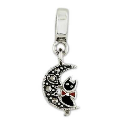 Black Bow Jewelry Sterling Silver, Enameled Cat & Marcasite Moon Dangle Bead Charm