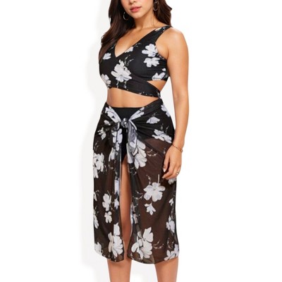 Anna-Kaci Swim Women's Plus Size Floral Bikini 3-Piece Set with Sheer Sarong Cover-Up