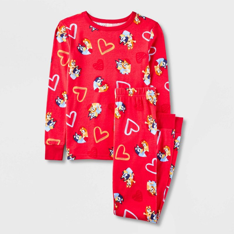 Kids' Bluey Valentine's Day 2pc Long Sleeve Cotton Snug Fit Pajama Set - Red, 1 of 6