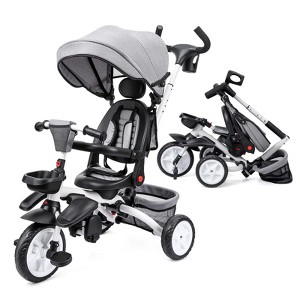 7-in-1 Foldable Baby Tricycle-Adjustable Push Handle & Canopy - 360° Rotatable Seat - Safety Harness - Storage & Cup Holder - Trike for 1-5 Year Olds - 1 of 4