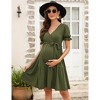 Maternity V Neck Swiss Dot Dress Summer Casual Short Sleeve Flowy Midi Dress Belt Photoshoot Baby Shower Army Green S - 2 of 4