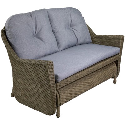 46" Taupe Gray Resin Wicker Double Glider with Gray Cushions