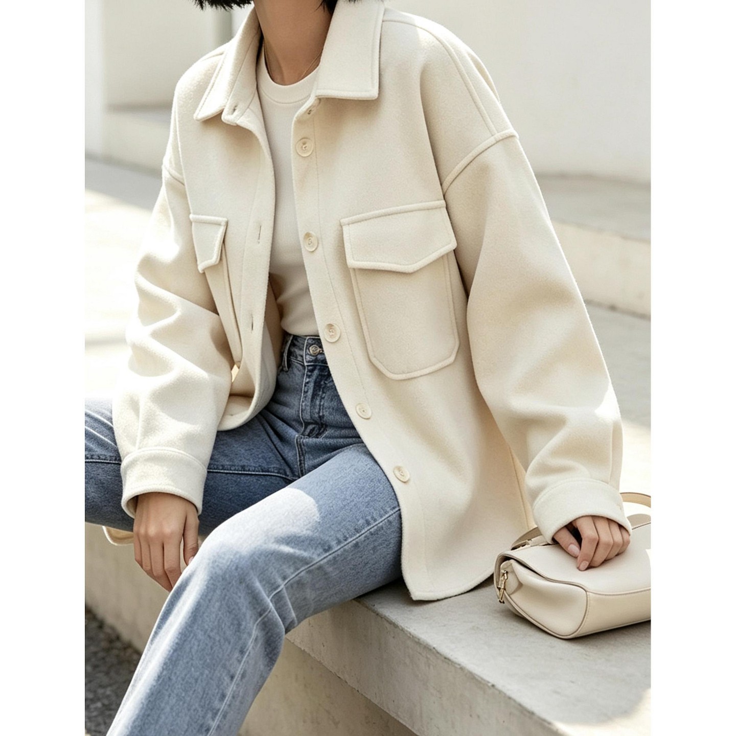 Женское пальто YesFashion Women Lapel Collar Double Pocket Button Front Oversized Loose Fall Outerwear Shirt Coat, L, Beige, цвет: Бежевый — фото 3