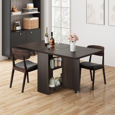 Space Saving Folding Dining Table with 2 Tier Storage-Extendable Drop Leaf Farmhouse Kitchen Dining Room Tables for 4