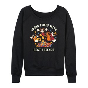 Women's - Disney - Mickey Goofy and Donald Gourd Times with Best Friends Lightweight French Terry Wide Neck Long Sleeve Shirt - 1 of 4