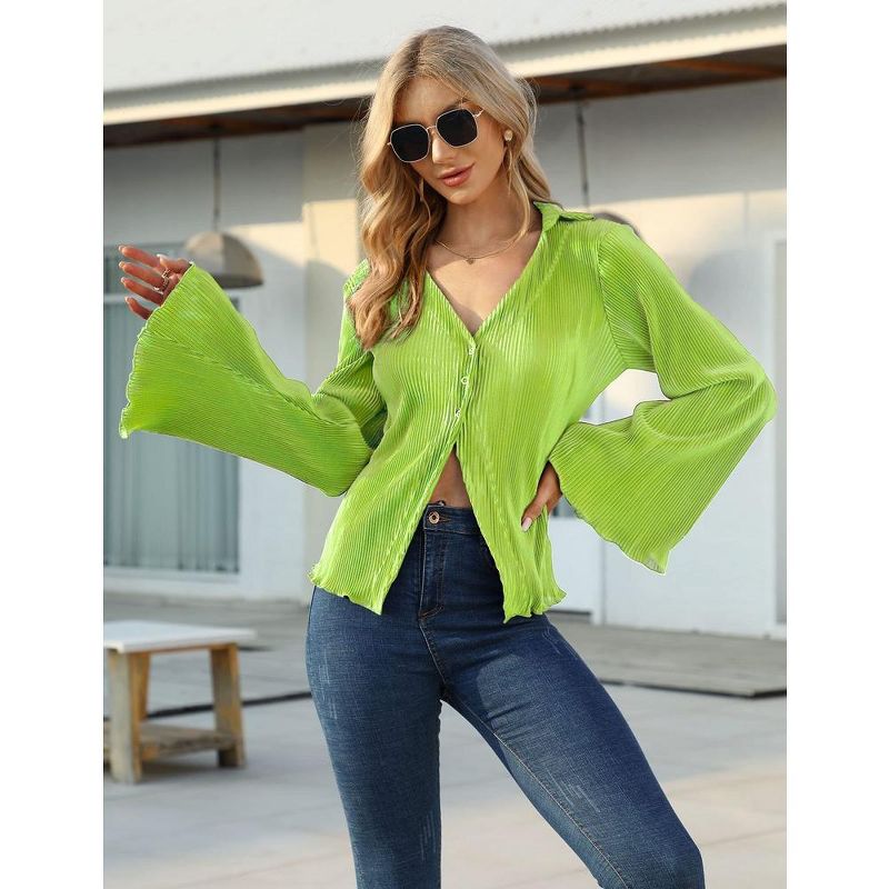 Women Deep V Neck Blouse Long Flared Sleeve Tops Button Front Dressy Casual Shirts Top, 4 of 6