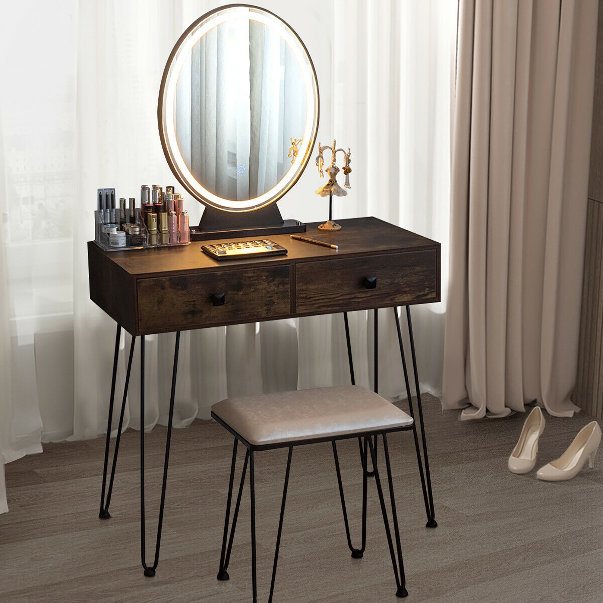 Costway Vanity Makeup Dressing Table W/ 3 Lighting Modes Mirror Touch Switch Rustic