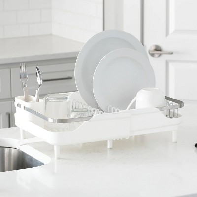 Large White Metal Foldable Dish Rack with Utensil Cup