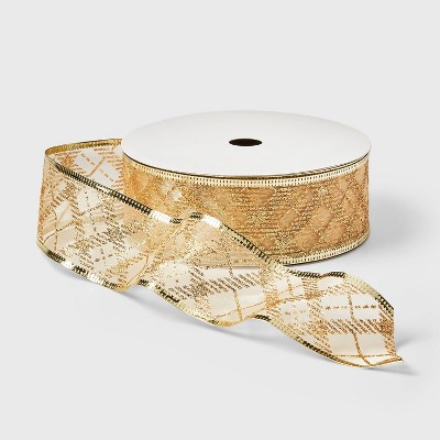 2" Sheer Glitter Plaid Ribbon Gold 100ft - Wondershop™