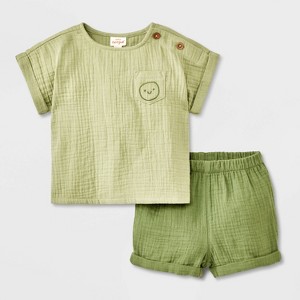 Baby Boys' 2pc Smiley Embroidered Pocket Gauze Shorts Set - Cat & Jack™ Green - 1 of 4