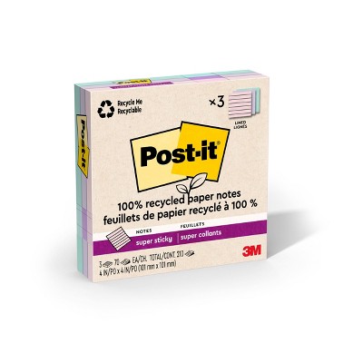 Post-it Recycled Super Sticky Notes 4"x4" Pastels: 100% Recycled Paper, 0.3 Inch Rule, Multicolored, 210 Sheets