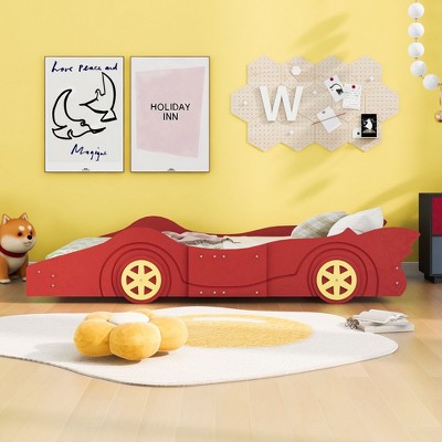 Okak Platform Bed Frame with Wheels and Race Car-Shaped Bedroom Furniture for Kids Noise-Free Bed Strong Wood Slats Easy Assembly