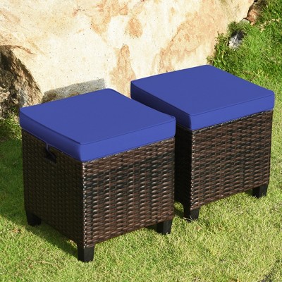 Tangkula Set of 2 Patio Rattan Ottoman Footrest Garden Outdoor w/ Navy Cushion