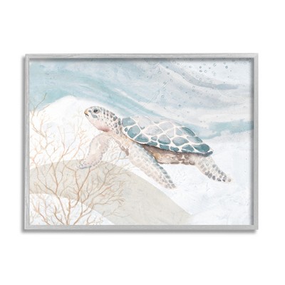 Stupell Industries Pleasant Sea Turtle Drifting Ocean Bubble Waves Framed Giclee Art