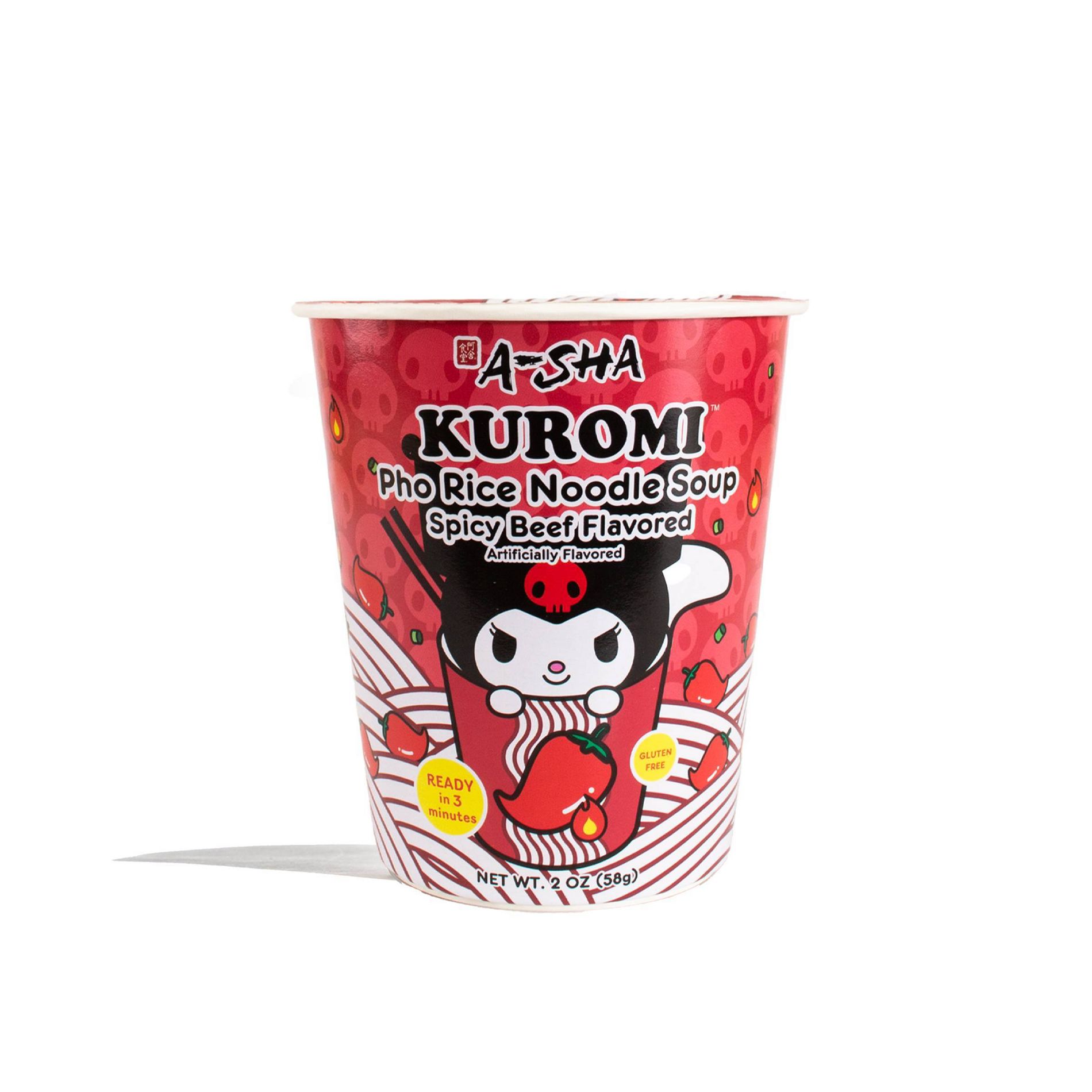 A-Sha Foods USA Gluten Free Hello Kitty Kuromi Spicy Beef Flavored Pho Rice Noodle Soup - 2oz