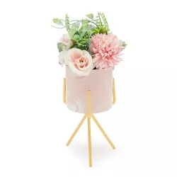 Juvale Faux Hydrangea Flowers and Pink Ceramic Planter with Stand for Artificial Potted Plants