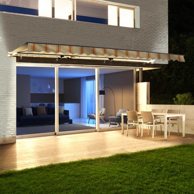Yellow Striped Motorized Retractable Patio Awning with LED Lights