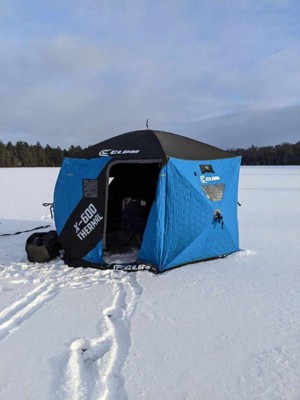 Clam 17485 Portable 6 Person 9 Foot Jason Mitchell X5000 Pop Up Ice Fishing  Angler Thermal Hub Shelter Tent With Anchor Straps And Carrying Bag : Target