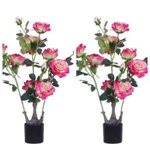 2Pcs Faux Peony Flower Tree, 28in Artificial Plants & Flowers with Green Leaves Pre-Potted Fake Blooming Tree for Indoor Outdoor Porch Home Decor - 1 of 4